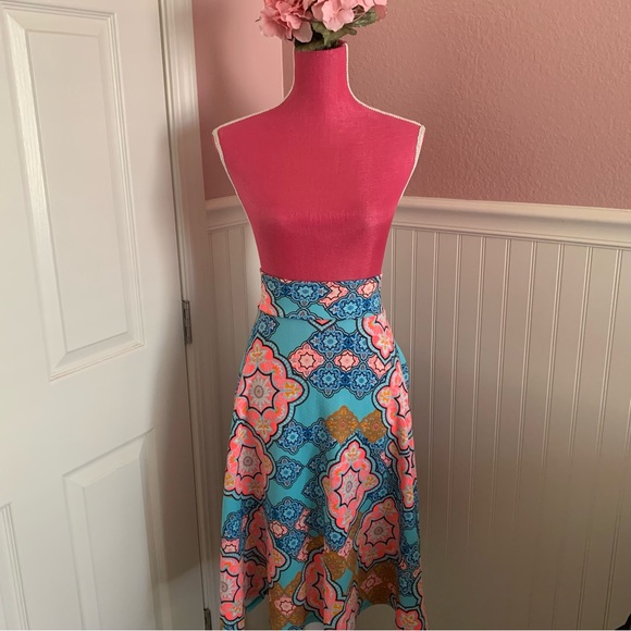 Bright Agnes & Dora A-Line Large Skirt in Turquoise and Pink Boho Design - Picture 7 of 8